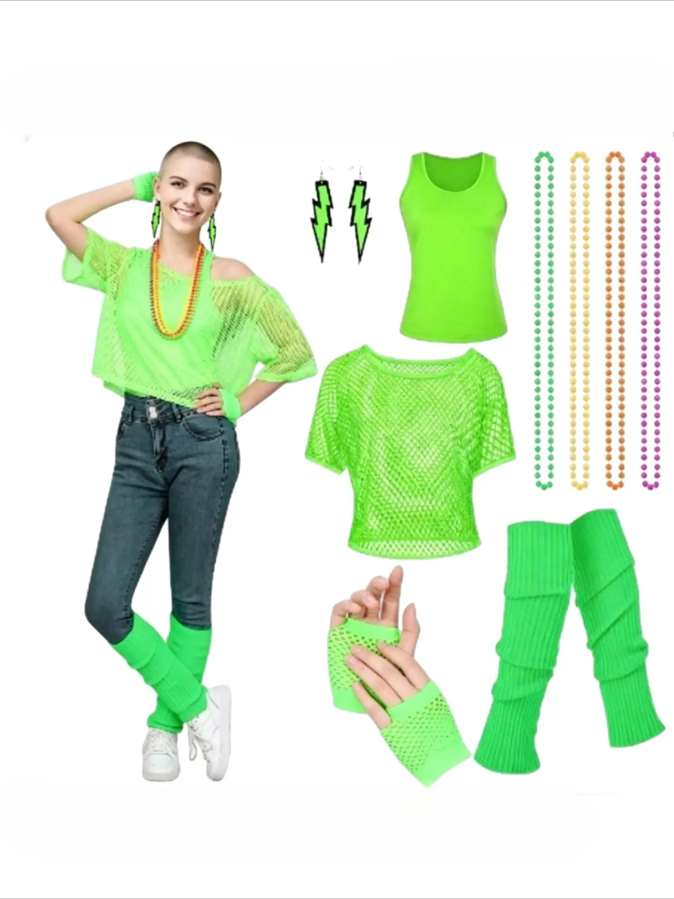 80s Disco Dance Performance Costumes Kit Mesh Top Foot Wraps Vest Earrings Gloves Retro Stage Outfit for Themed Parties