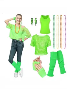 80s Disco Dance Performance Costumes Kit Mesh Top Foot Wraps Vest Earrings Gloves Retro Stage Outfit for Themed Parties