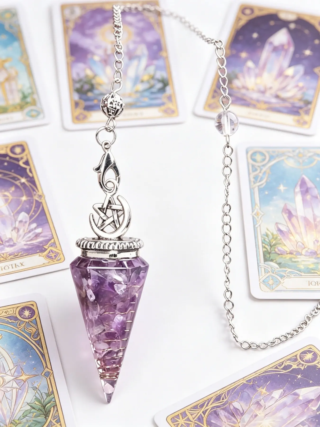 1pc Natural Crystal Pebble Chip Pentagram Symbol Orgon Crystal Spirit Pendulum Pendant, Spiritual Energy Aura Chakra Balance Crystal Healing, Pentagram Tarot Card Meditation Spiritual Divination Pendulum Tool, Pendant Design