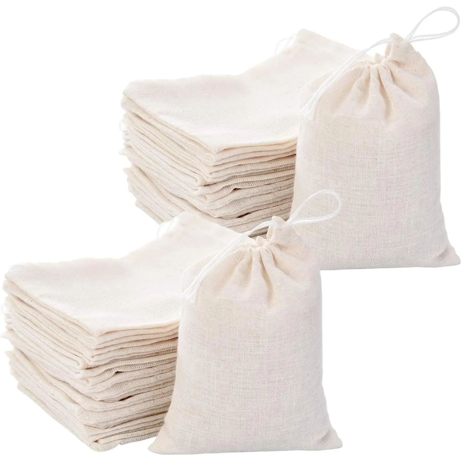 200 Pack 3 x 4 Inch Muslin Bags with Burlap Drawstring, Reusable Cotton Linen Fabric, Tea Sachets Gift Packaging, Canvas Pouch for Jewelry Trinkets, Multipurpose Linen PouchGift