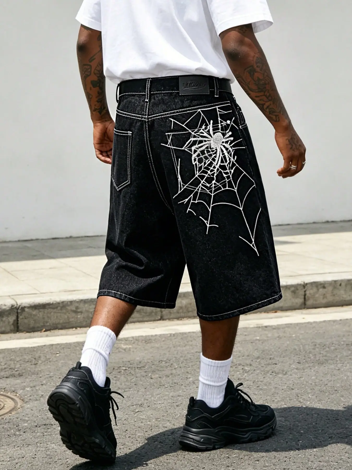 Men's Washed Wide-Leg Baggy Jean Shorts, Spider Embroidery on Back Pockets, Loose-Fit Streetwear, Early Fall New Arrival
