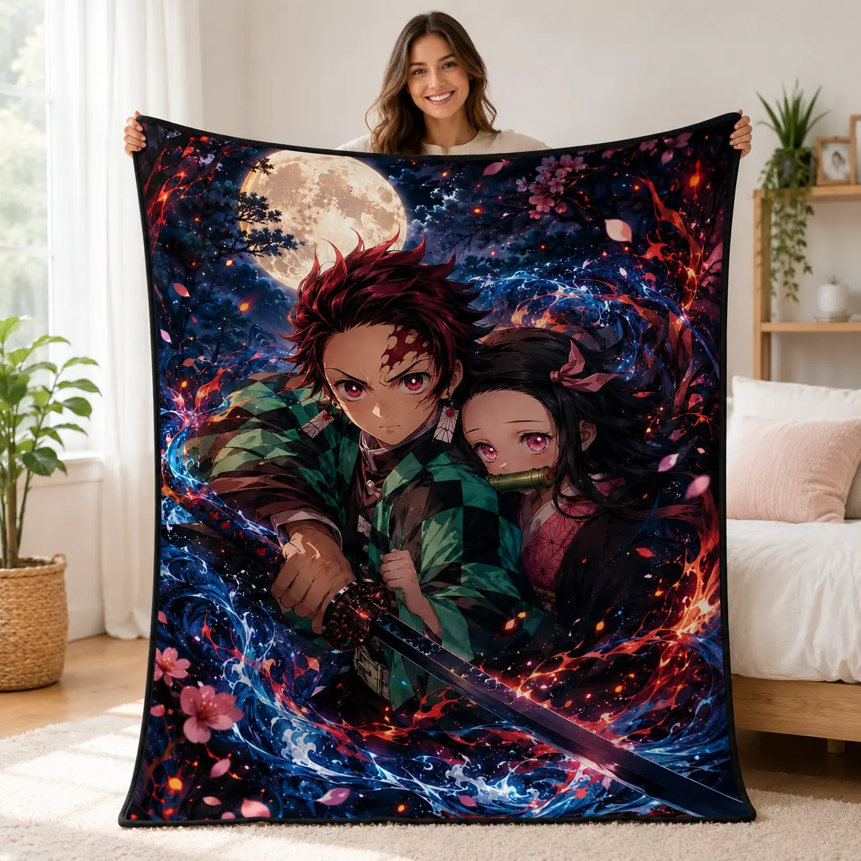 Demon Slayer Tanjiro Kamado & Nezuko Kamado Flannel Blanket, Water and Flame Anime Throw for Bed Sofa, Gift for Fans