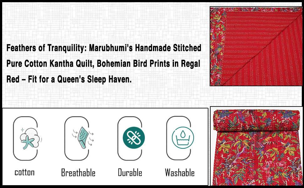 Indian Stitched Pure Cotton Bohemian Bird Print Kantha (Navy, Twin (60"x 90"))