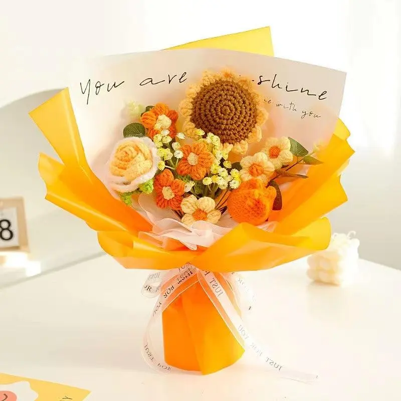 Handmade Braided Tulip and Sunflower Bouquet, Artificial Flower Arrangement for Valentine's Day, Mother's Day, Graduation, Wedding Party Gifts