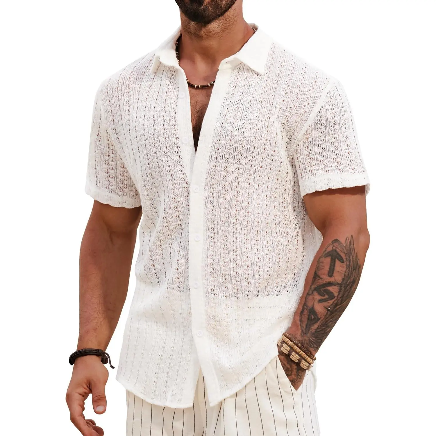 VOGSTART Mens Crochet Knit Shirts Summer Hollow Out Button Tops| Mesh, See Through, Casual, Vacation, Hawaiian, Beach, Open Woven, Netted, Breathable, Button Down, Short Sleeve