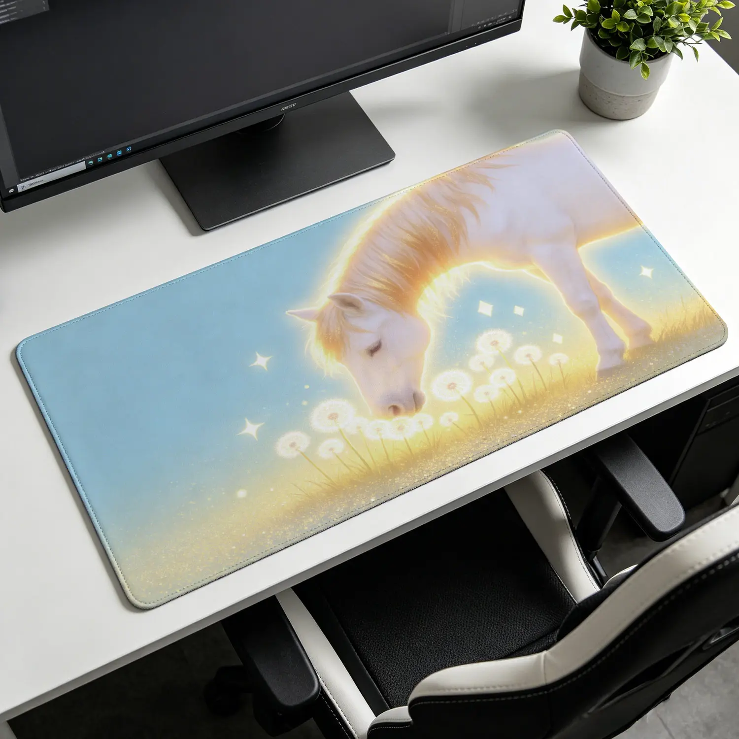 Extra Large glowing white horse and dandelion meadow Mouse Pad,Non Slip Rubber Pad,Desktop Decoration Drotection Pad,Washable,Lock Edge Multi Size,Premium Multipurpose Mousepad For Home Office,Gaming Desk,Gift for Family and Friends