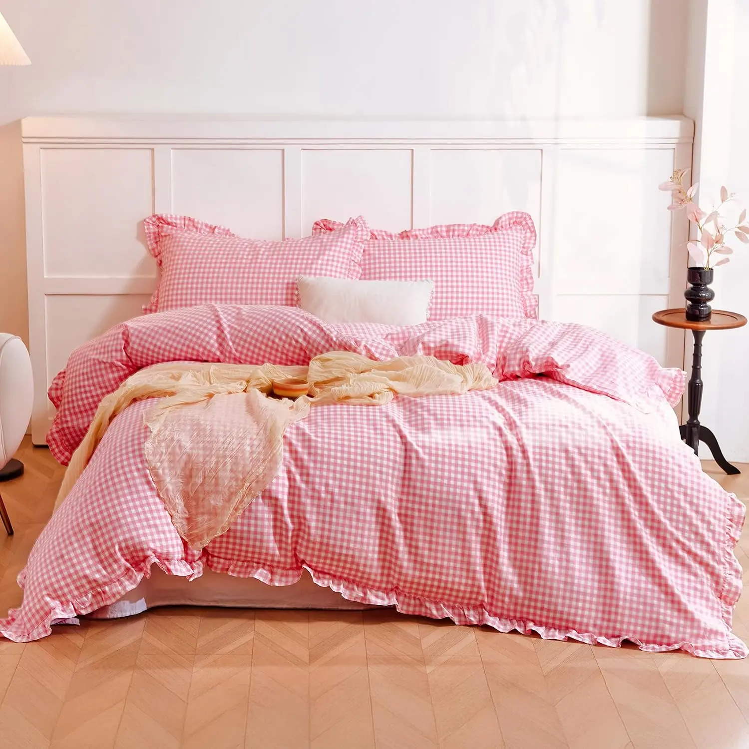100% Cotton Ruffle Edges Gingham Duvet Cover Set of 3 for King Sized Bed, Soft Breathable Vintage Bedding with Pillowcases, All-Season 104"x90" Pink White Bedroom Sleep (Comforter Not Included)