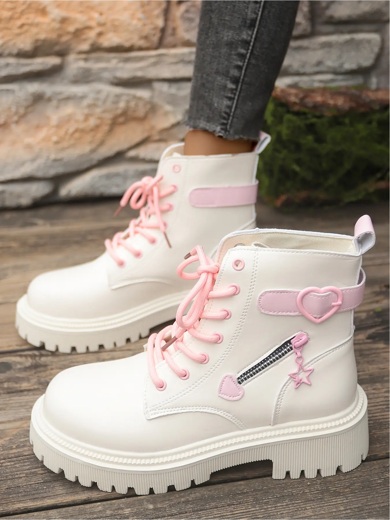 Black Pink Lace-Up Combat Boots for Women, Platform Ankle Booties, Cute Heart Detail, Side Zipper, Non-slip Sole, Casual Daily FootwearWhite Pink Lace-Up Platform Boots for Women, Cute Heart & Star Detail, Side Zipper, Chunky Sole Ankle Booties, Sweet Sty