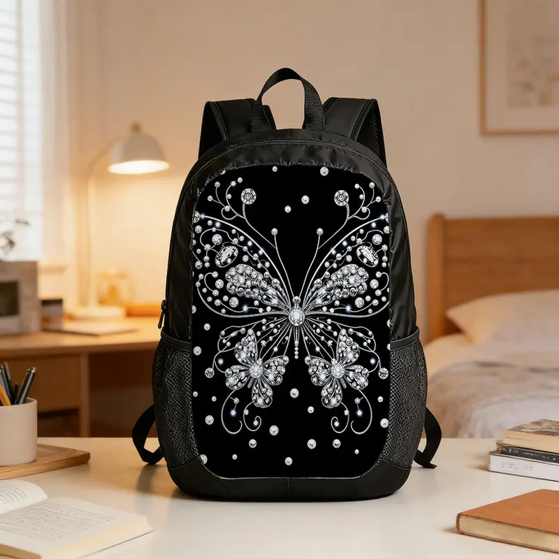 Crystal Butterfly Print Backpack Suitable for Daily Outings, Parties, Travel - Sparkling Crystal Butterfly, Adjustable Shoulder Straps, Lightweight Zipper Closure for,, for &