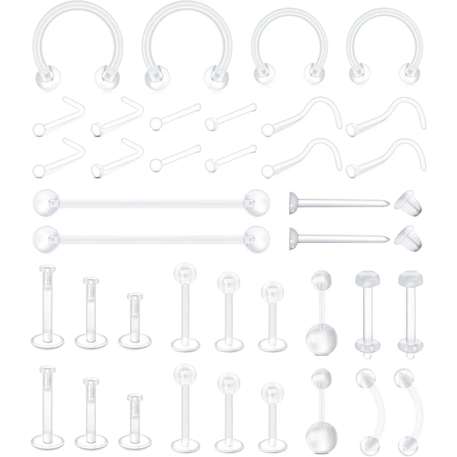 38pcs Clear Piercing Retainers for Surgery Bioflex Nose Rings Belly Rings Septum Eyebrow Lip Cartilage Tragus Earring Retainer Industrial Bar Plastic Piercing Jewelry for Work