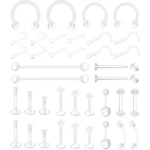 38pcs Clear Piercing Retainers for Surgery Bioflex Nose Rings Belly Rings Septum Eyebrow Lip Cartilage Tragus Earring Retainer Industrial Bar Plastic Piercing Jewelry for Work