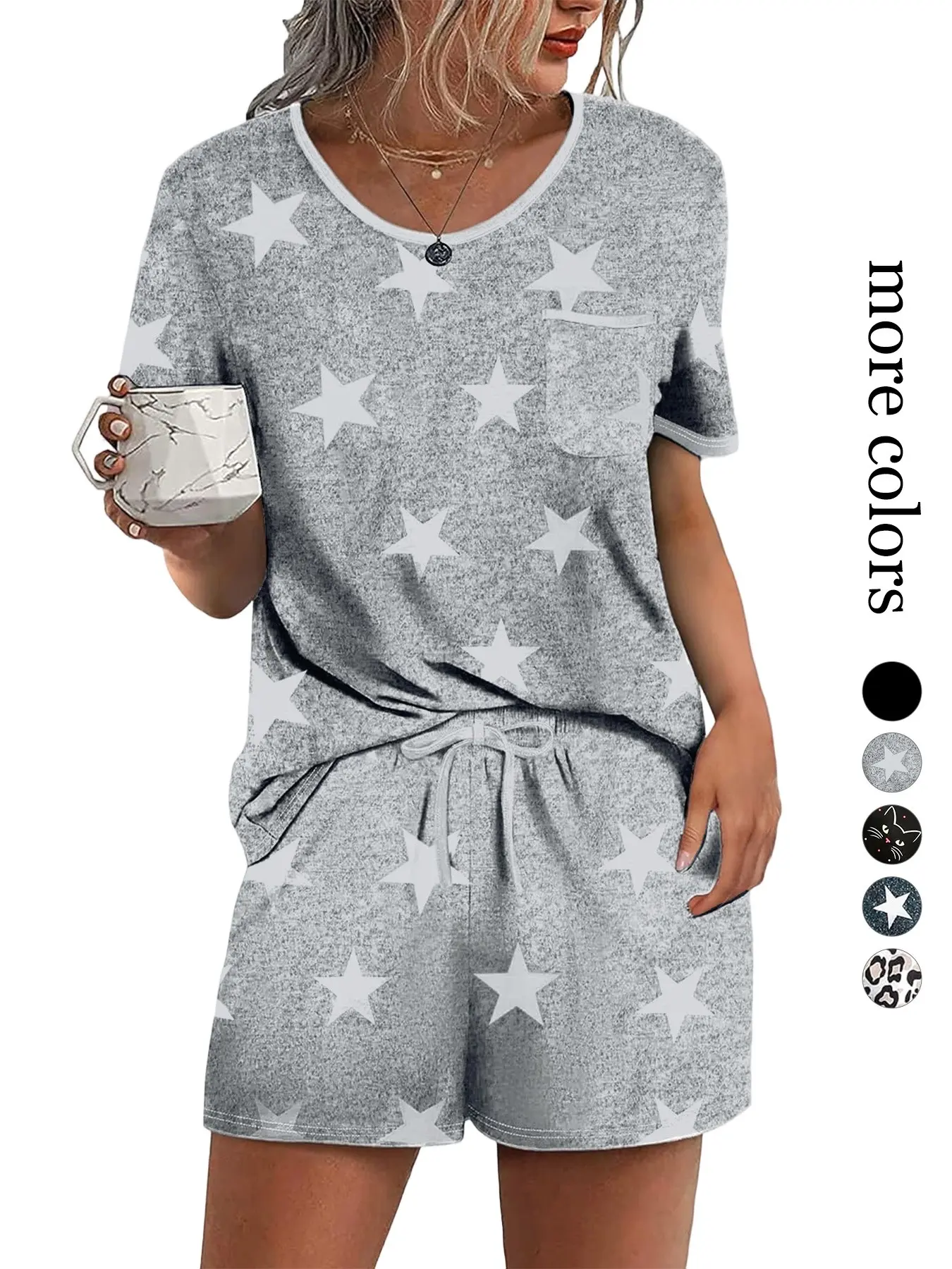 Women's Round Neck Cuff Short Sleeve Top & Loose Shorts Pajama Set, Soft Casual Loungewear, All Seasons, Multiple Prints
