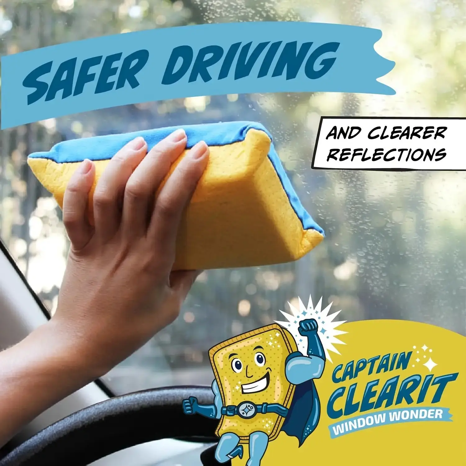 Captain Clear Window Miracle Sponge, Super Absorbent Anti-Fog, Ideal for Cars, Mirrors, Glass, Easy Clean, Indoor Outdoor Use