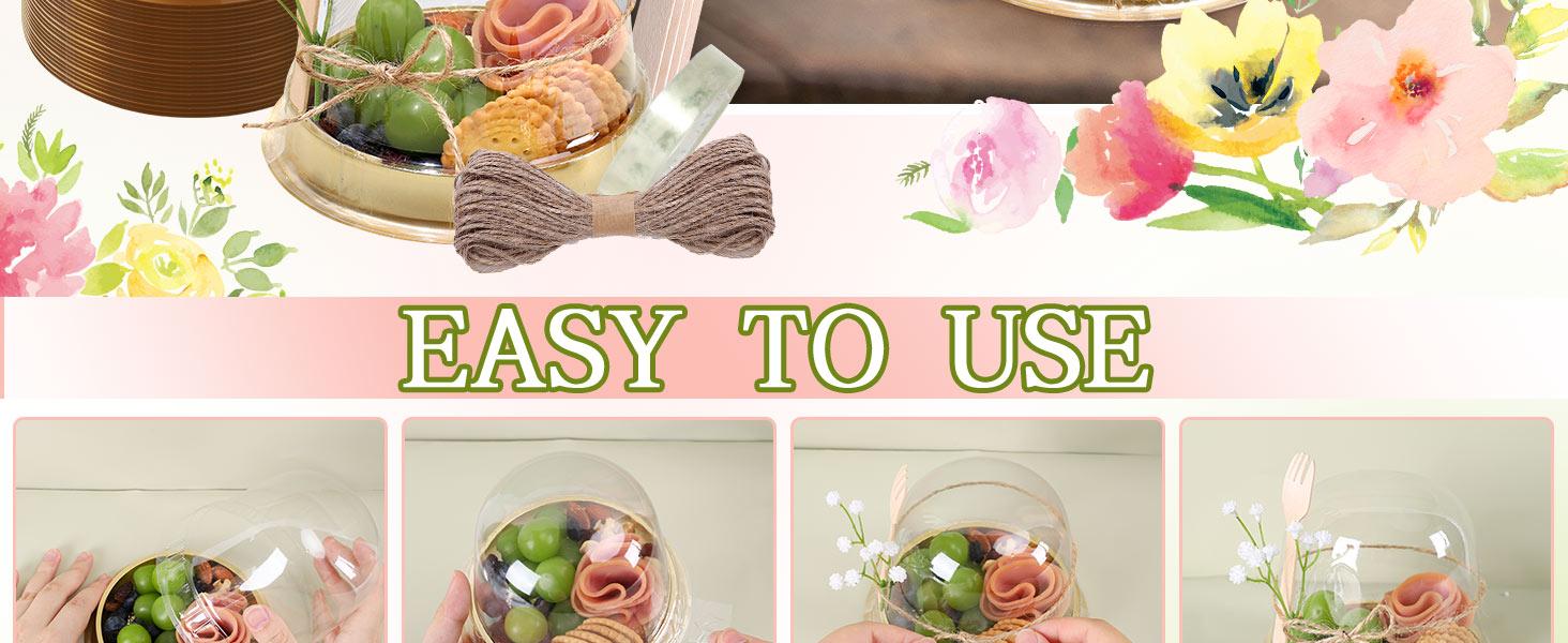 50 Sets Disposable Individual Charcuterie Cup Clear Plastic Round Cake Boxes with Dome Lids Mini Wooden Spork Rope for Outdoor Snack Packing Open Houses Gatherings Wedding Party Event