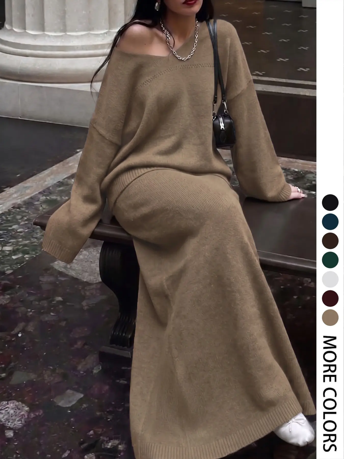 Women's Relaxed-Style V-Neck Knit Two-Piece Set, Long-Sleeve Top and Skirt, Casual Outfit for Outings, Dates and Commuting