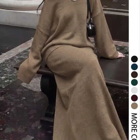 Women's Relaxed-Style V-Neck Knit Two-Piece Set, Long-Sleeve Top and Skirt, Casual Outfit for Outings, Dates and Commuting