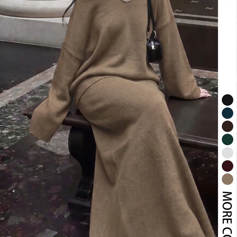 Women's Relaxed-Style V-Neck Knit Two-Piece Set, Long-Sleeve Top and Skirt, Casual Outfit for Outings, Dates and Commuting