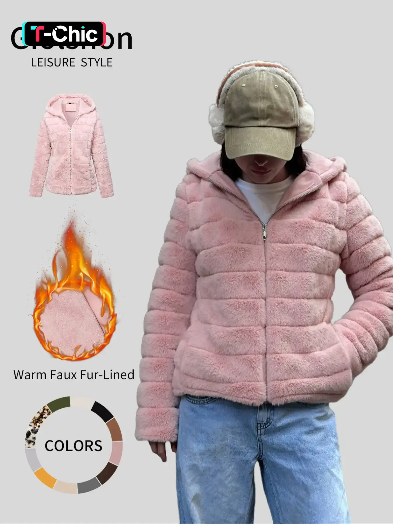 Women's Faux Fur Fabric Coat, Casual Minimalist Hooded Fitted Thick Winter Fashion Jacket with Pockets, Casual Fashionable Outerwear, Warm Woven Polyester Womenswear Outerwear for Fall & Winter Seasons