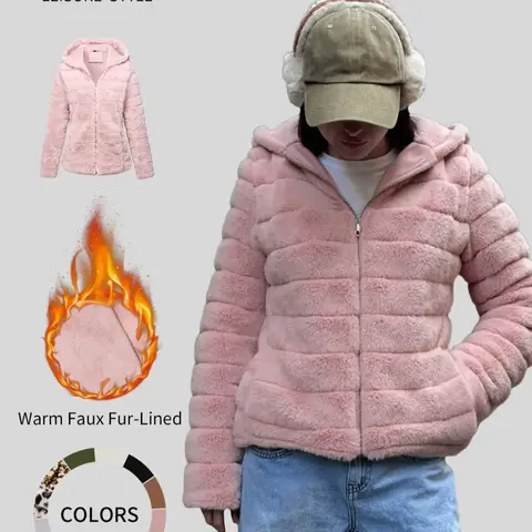 Women's Faux Fur Fabric Coat, Casual Minimalist Hooded Fitted Thick Winter Fashion Jacket with Pockets, Casual Fashionable Outerwear, Warm Woven Polyester Womenswear Outerwear for Fall & Winter Seasons