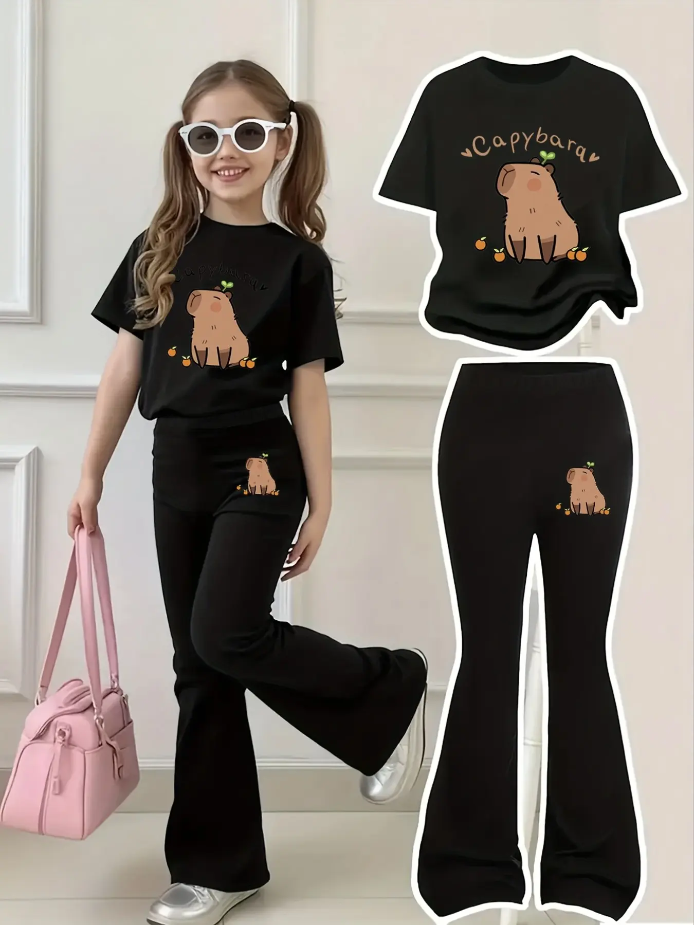 Girls' Cute Short Sleeve Bell Bottom Set,  Fitted Style for Daily School Wear, Comfortable and Stylish