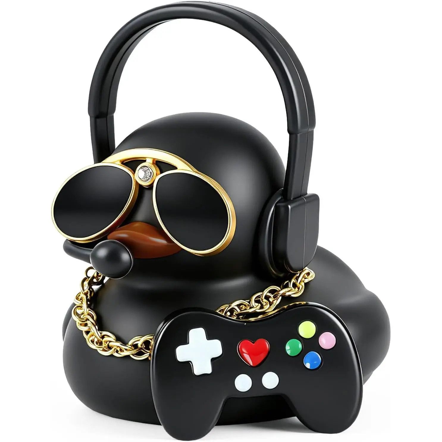 Cool Black Rubber Duck with Gaming Headset,  Chain & Sunglasses | 1 count Mini Funny Squeaky DIY Duck  Dashboard Decoration for  Lovers, -Hop Fans, Office and  Decor