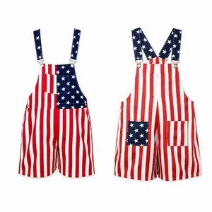 Red White & Blue Star Stripe Pattern Overalls, Patriotic Casual Outfit Suitable for Independence Day, Memorial Day, National Holiday Parades, Parties and Vacation