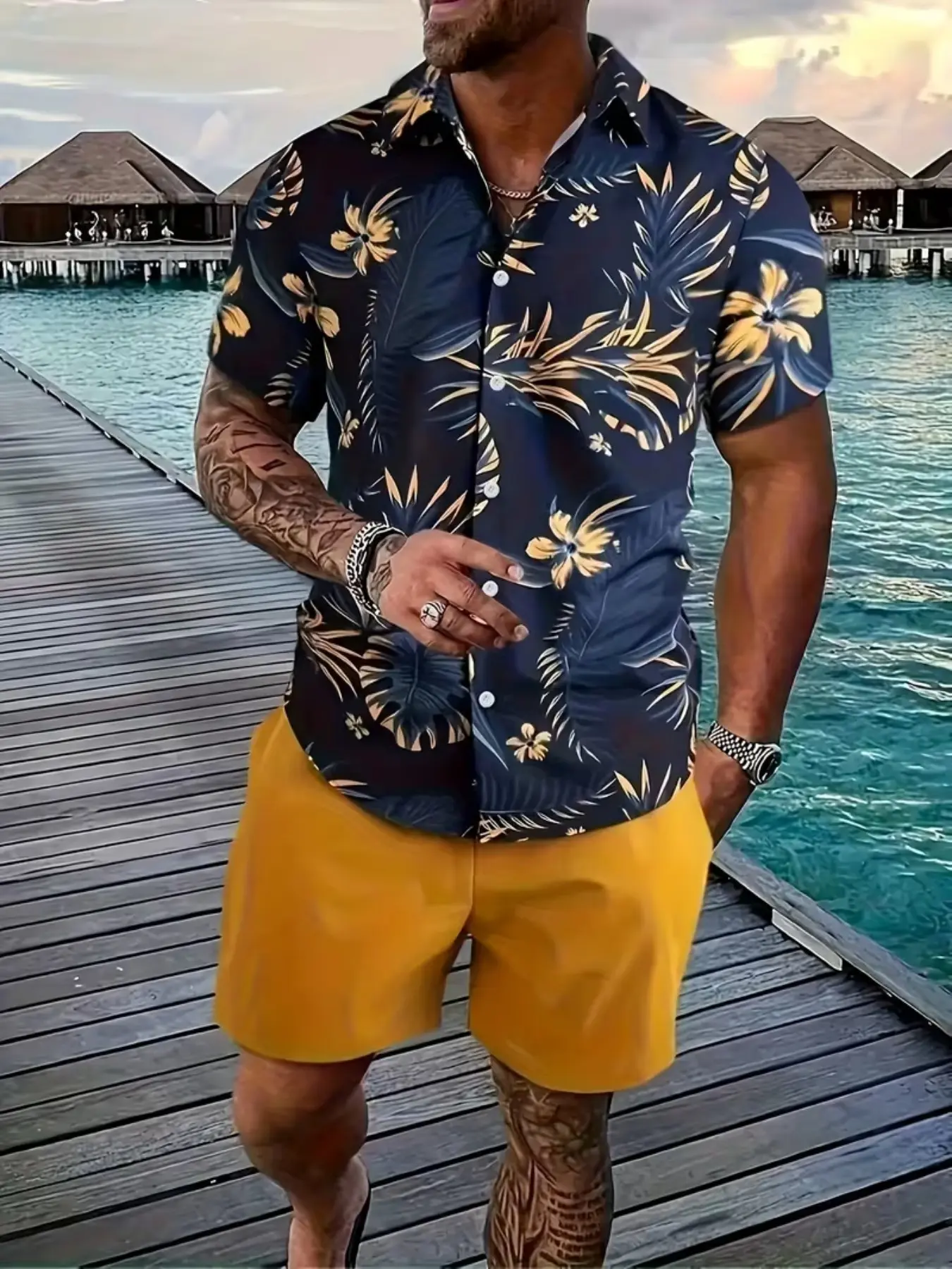 Men's Lapel Short Sleeve Hawaiian Shirt, Sublimation All Over Yellow Tropical Palm Leaf Hibiscus Flower Print Loose Blouse, Breathable Casual Summer Top For Beach Vacation Travel Outfit Printed Shirts