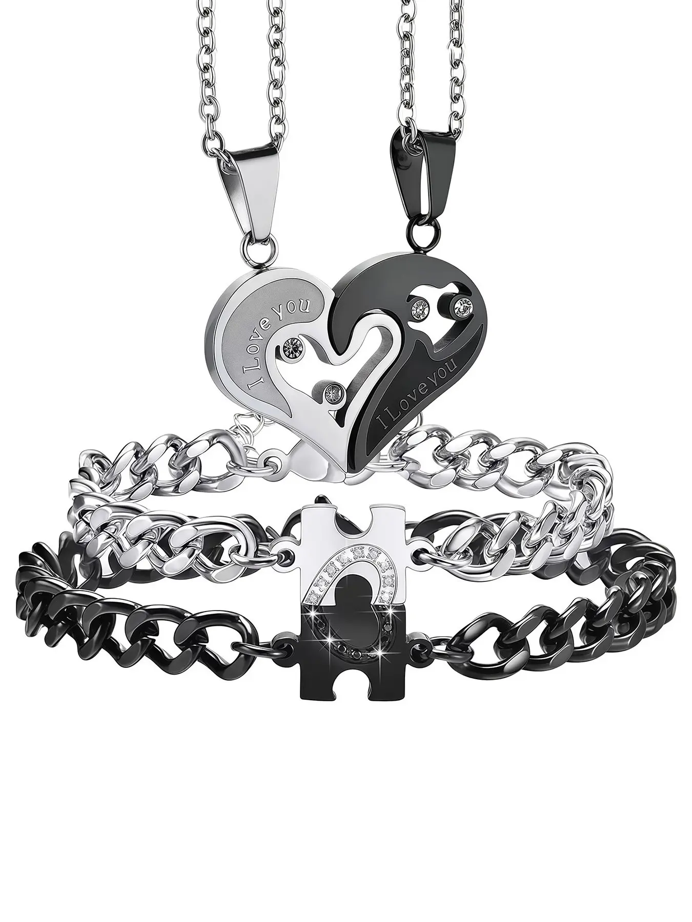 Heart Puzzle Couple Jewelry Set, Couples Jewelry Set, matching necklaces & bracelets for lovers, hypoallergenic with cubic zirconia, minimalist design, interlocking puzzle symbolizes you complete me, romantic gift for anniversary, Valentine’s Day