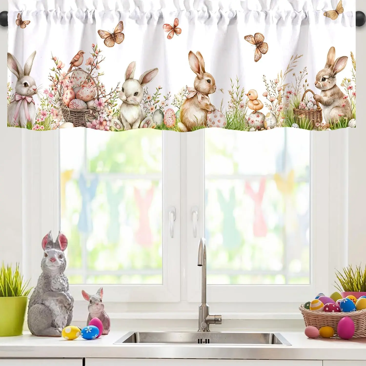 Kitchen Valances for Windows 54" W x 18" L, Bunny Wildflowers Window Valance, Window  Valance, Window Decoration