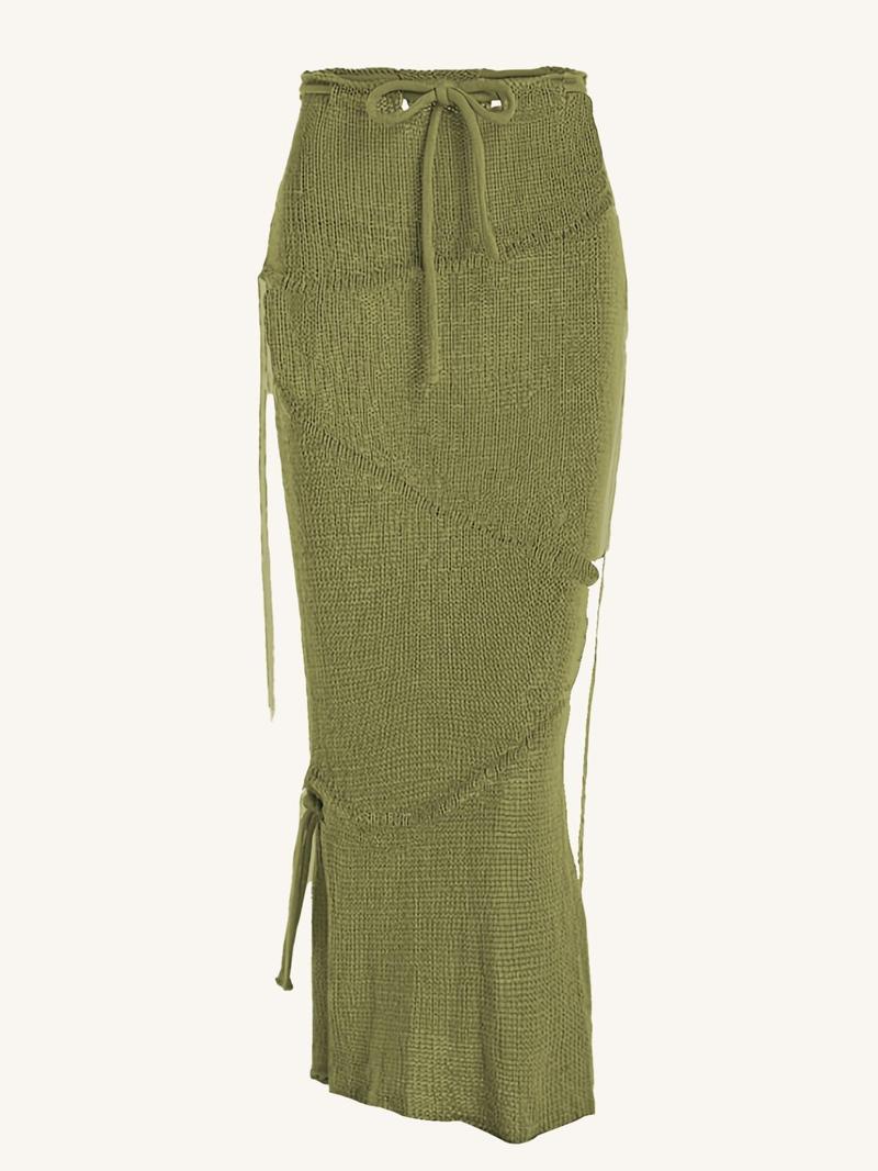 Solid Drawstring Split Side Tassel Sweater Skirt, Elegant Fashion Casual Tie Side Pencil Skirt for Daily Outdoor Wear, Women Knitwear for Spring Fall, Boho Skirt