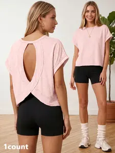 Women's Casual Sporty Hoodie, Round Neck Pullover Loose Backless T-Shirt, Moisture-Wicking Breathable Top, Solid Color Yoga Wear, Breathable Workout Tops