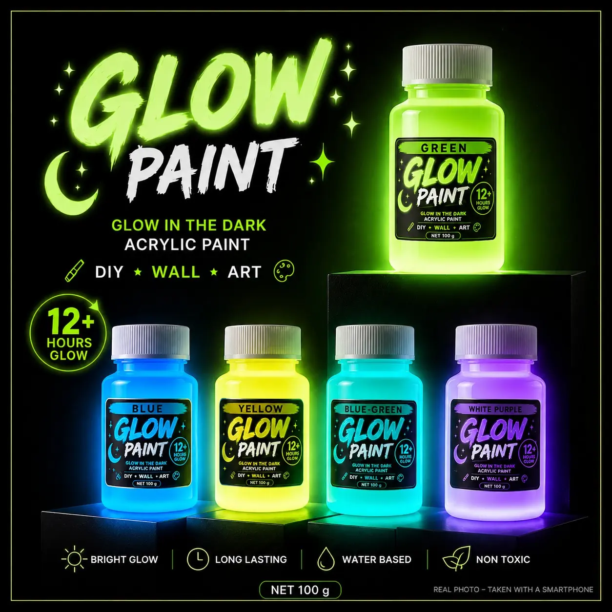 12Hr+ Super Bright Glow Paint 100g | Premium Luminous Acrylic Paint for Room Decor, DIY Art & Neon Party Supplies