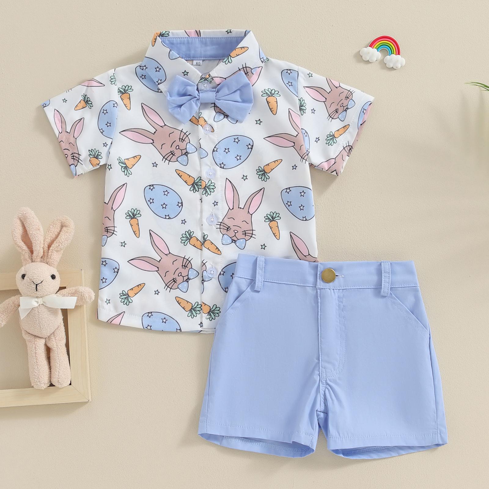 Babamoon Toddler Baby Boy Easter Outfits Carrot Rabbit Print Short Sleeve Button Down Shirt Top Solid Shorts Set Summer  2Pcs Clothes