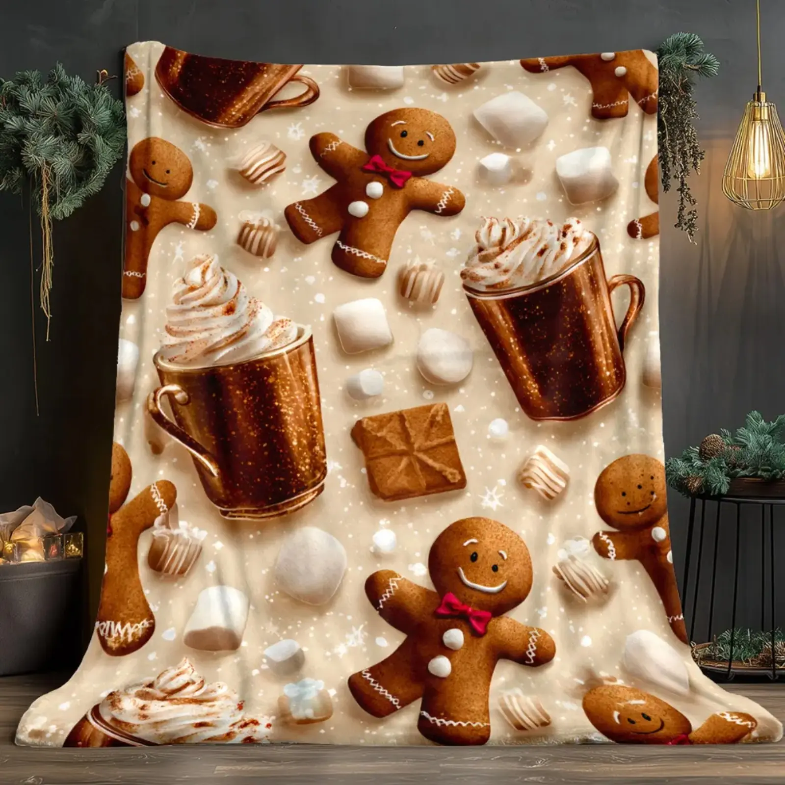 1Pc Gingerbread Man & Hot Cocoa Print Flannel Throw Blanket, Soft Warm Lightweight All Season Brown Beige Blanket With Marshmallows Candy Cane Snowflake, Durable Easy Care Winter Christmas Home Decor Gift for Holiday Birthday Winter Cozy Nights, Wrinkle R