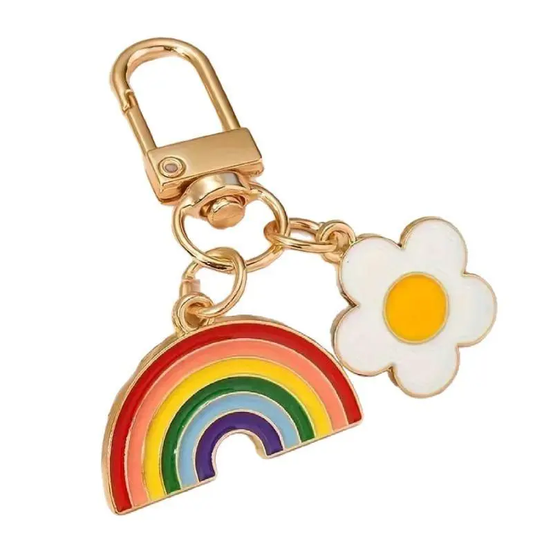 Cute Cartoon Rainbow Daisy Keychain, Gold Enamel Sweet Flower Bag Charm, Colorful Personalized Car Key Pendant, Aesthetic Small Gift for Women Girls Teens Daily Use
