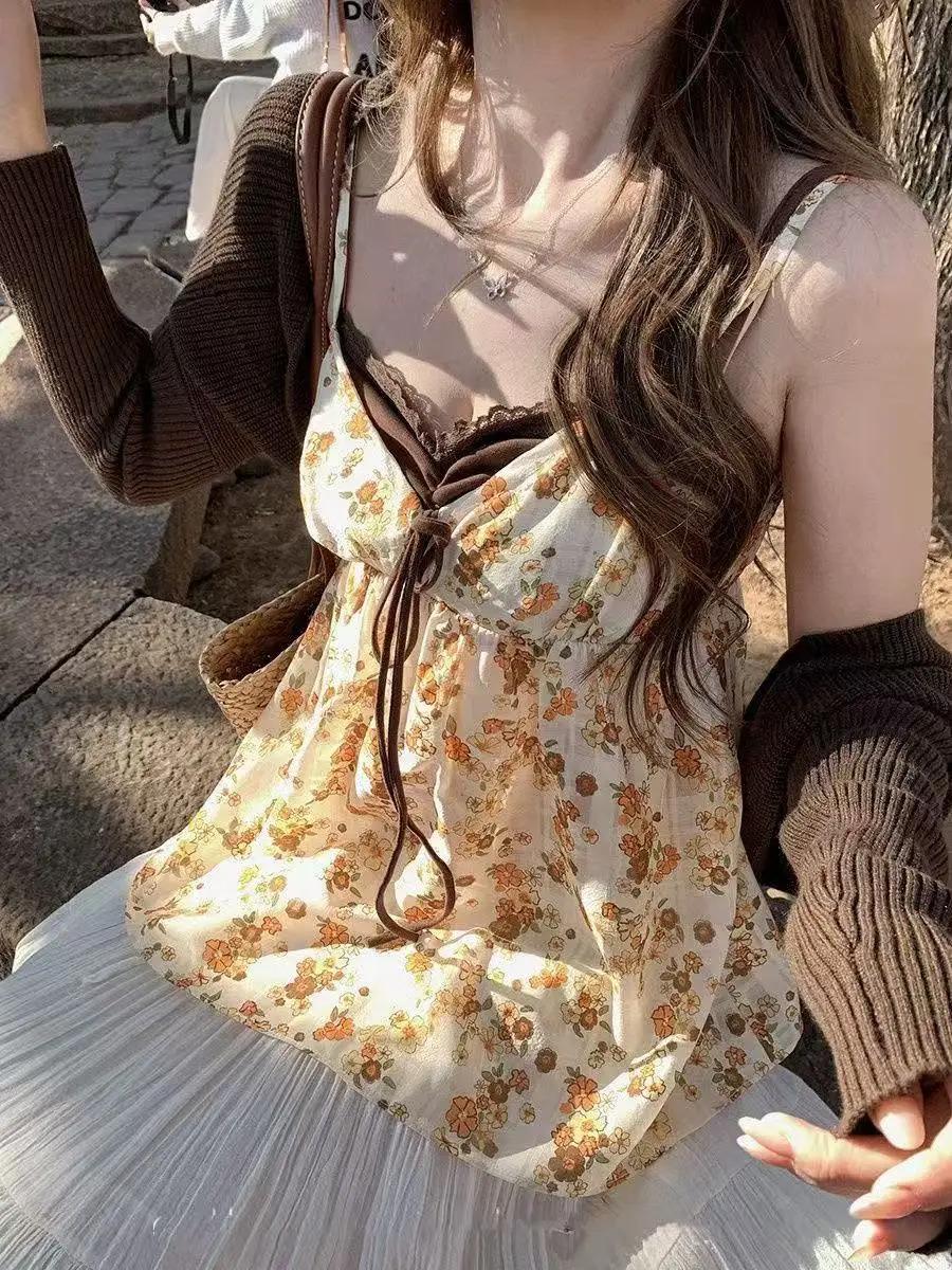 French Floral Fake Two Piece Lace Cami Top Women Summer Slim Fit Sweet Sexy Chic Camis Style Streetwear Fashion Outfit 2026 New