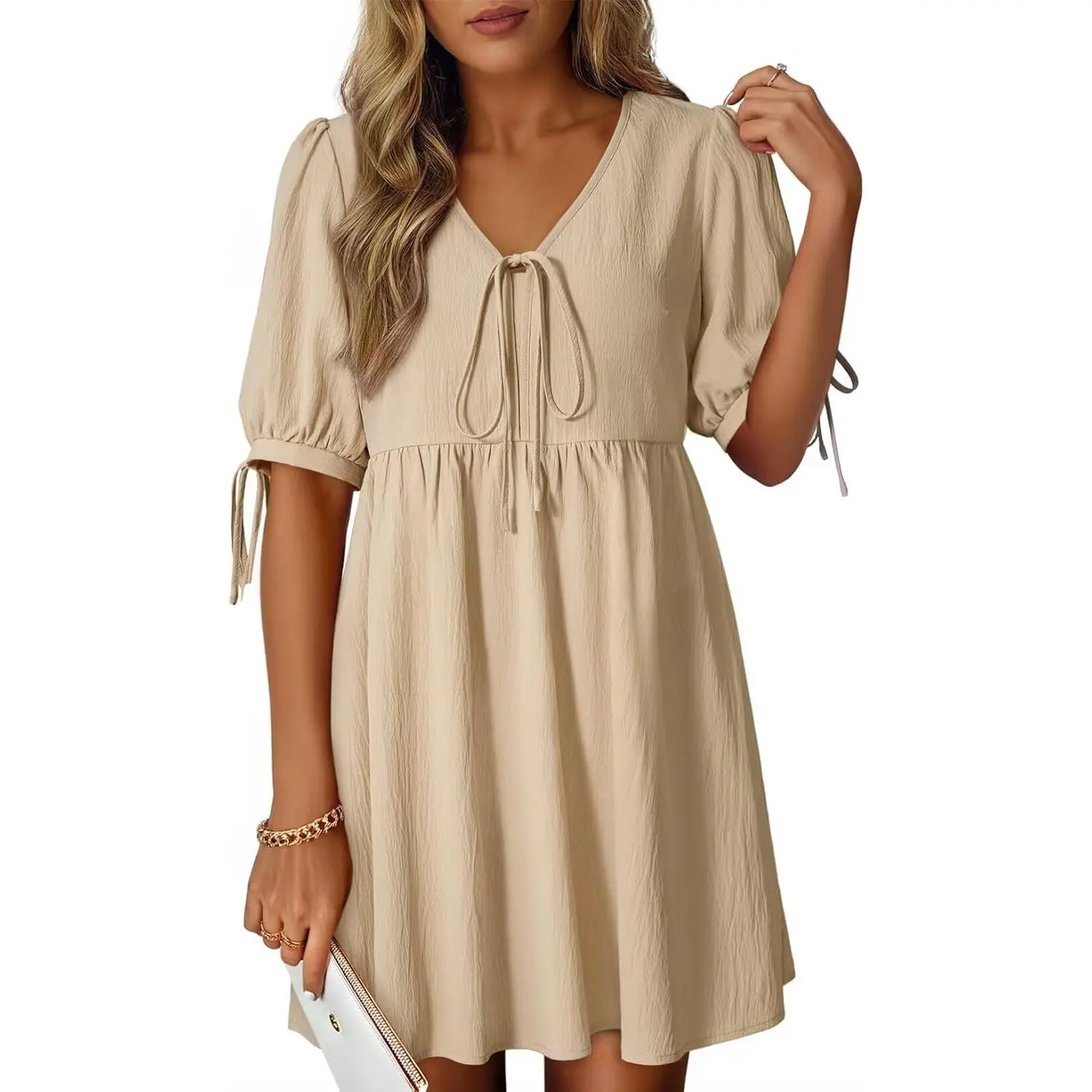 Women's 2026 Summer Casual Wear Mini Dress - V-Neck, Bow Tie, Short-Sleeve, Empire Waist, A-Line Women's Clothing Set, Shortsleeve, Short Sleeves, Basic, Solid Colors