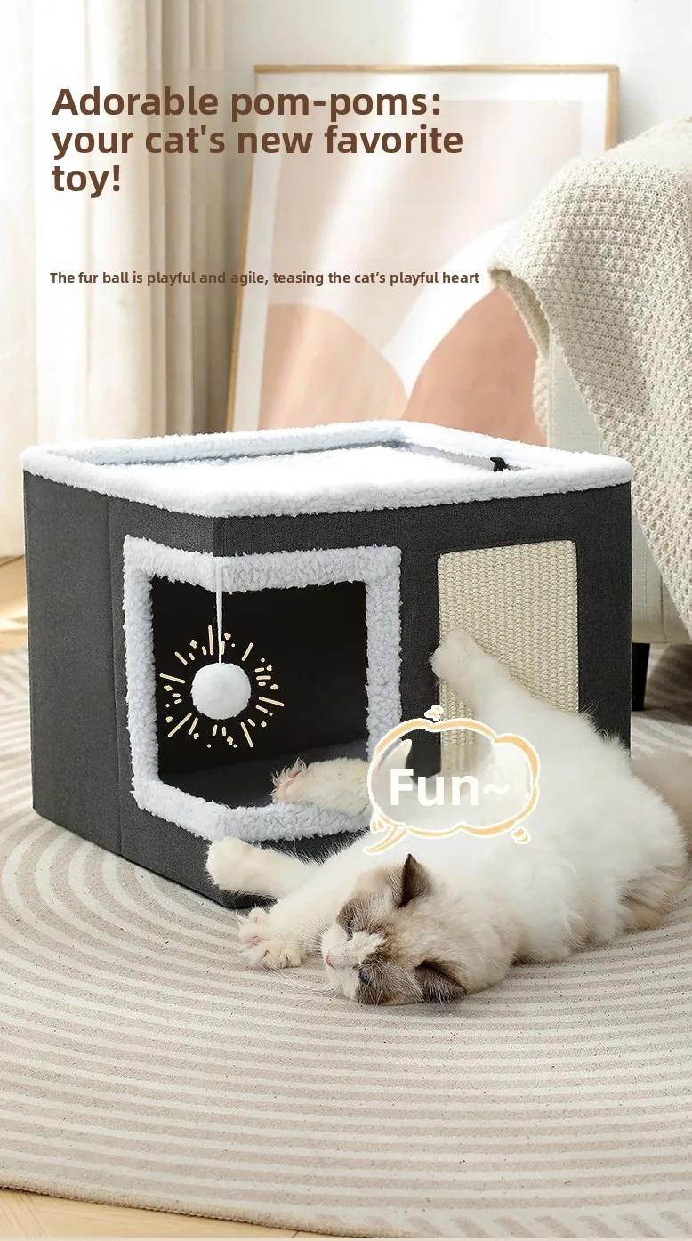 Cat Bed House Scratch Pad Foldable Square Design Solid Pattern Fashion Style Cat Cave Hideaway Cube Removable Washable Cushions for Indoor Cats Comfortable Cozy Pet Sleeping Nest with Scratching Function