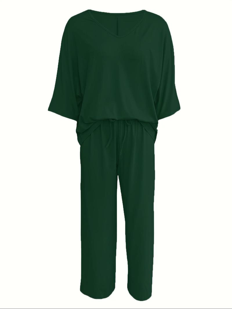 Women's Solid V Neck Tee & Wide Leg Pants Loungewear Two-Piece Set, Casual Comfy Short Sleeve T-Shirt & Trousers PJ Set, Ladies Sleepwear for Summer, Pajama Set