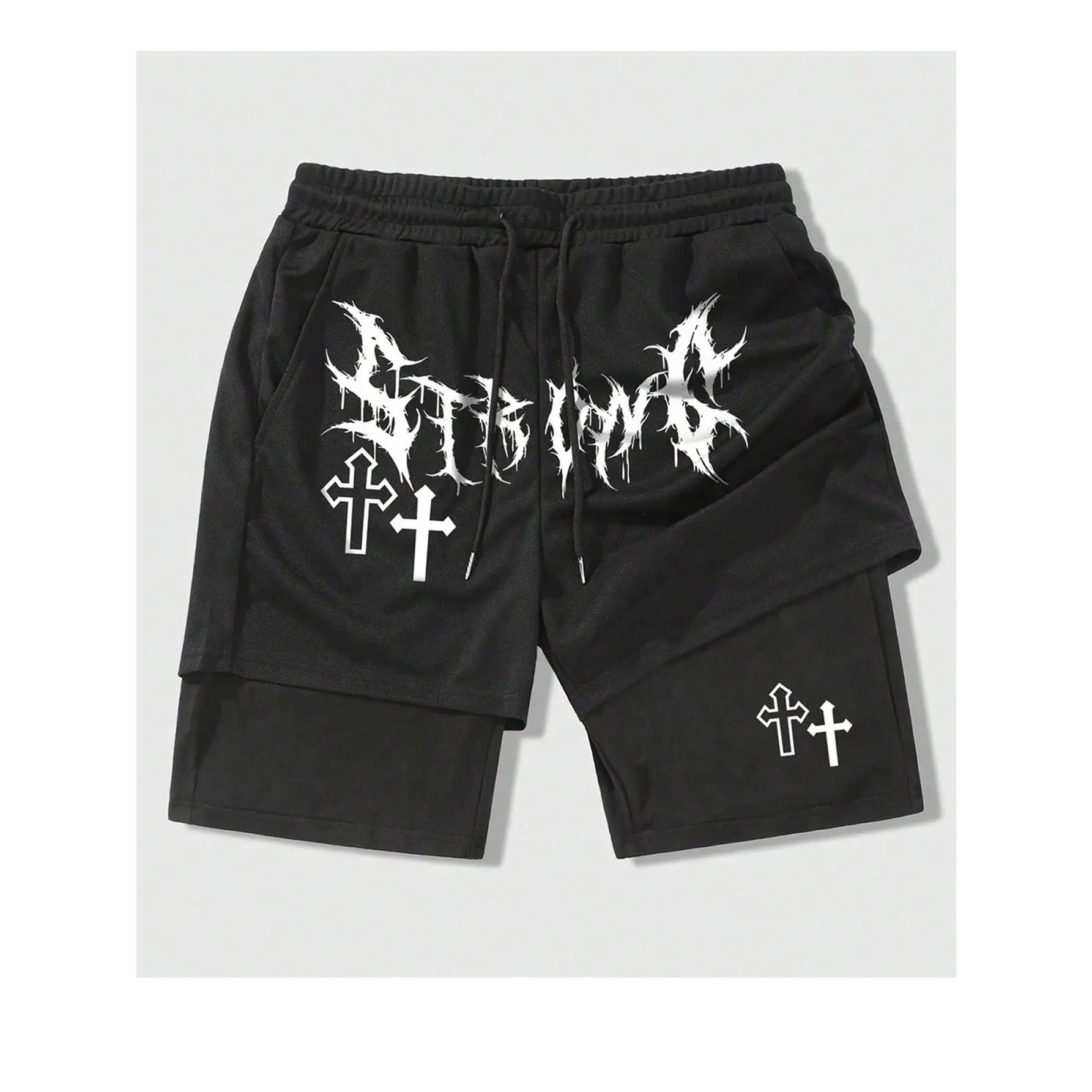 Men's Low-Rise Cross Print Shorts - Transparent Seamless Silky Fabric, Quick-Dry Active Streetwear with Drawstring Waist for Gym