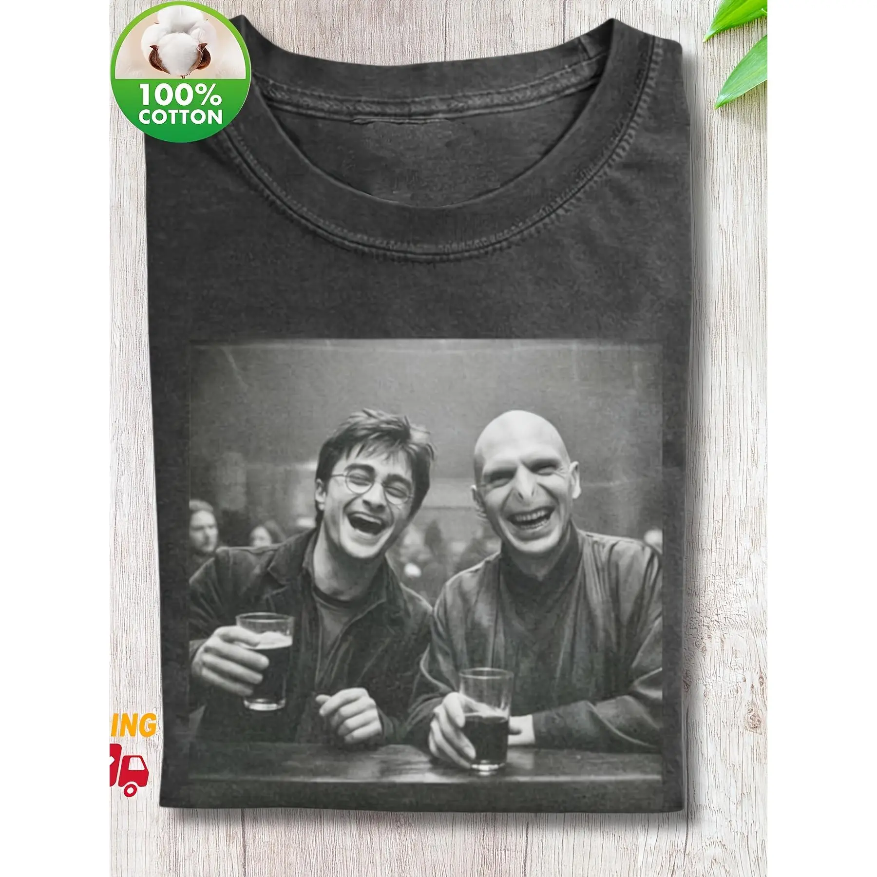 Vintage Washed T-Shirt Men Harry Voldemort Bar Drinking Black White Meme Photo Print Crew Neck Casual Pullover Tees Funny Wizard Movie Streetwear Tops Soft 100% Cotton Graphic Tee