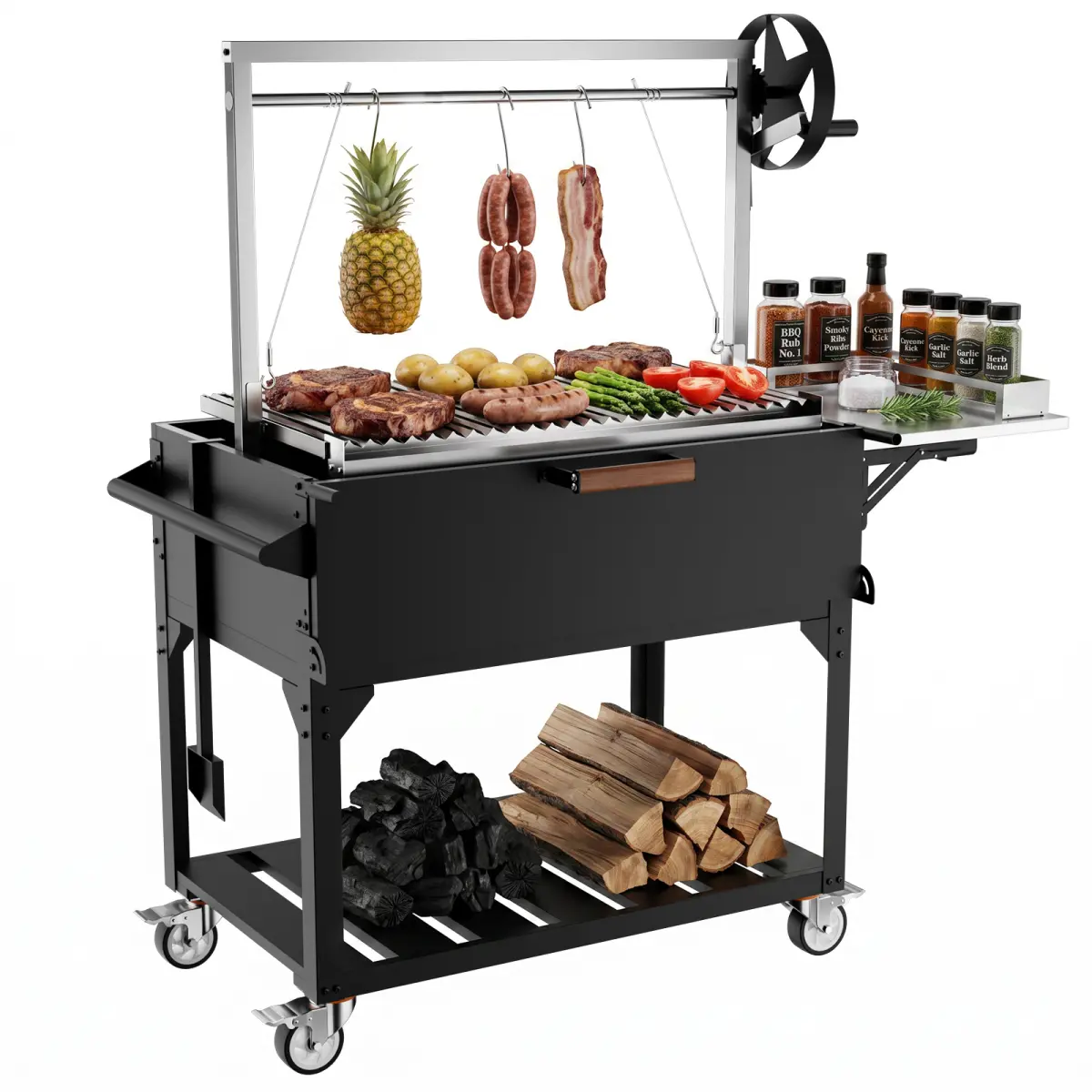 Aobtkel Outdoor Argentine Santa Maria Wood Fire Charcoal BBQ Grill for Meat, Bbq Grilling & Outdoor Cooking, with Adjustable Height V-Groove Grates, Fire Bricks, S-Hooks, Foldable Stainless Steel Table