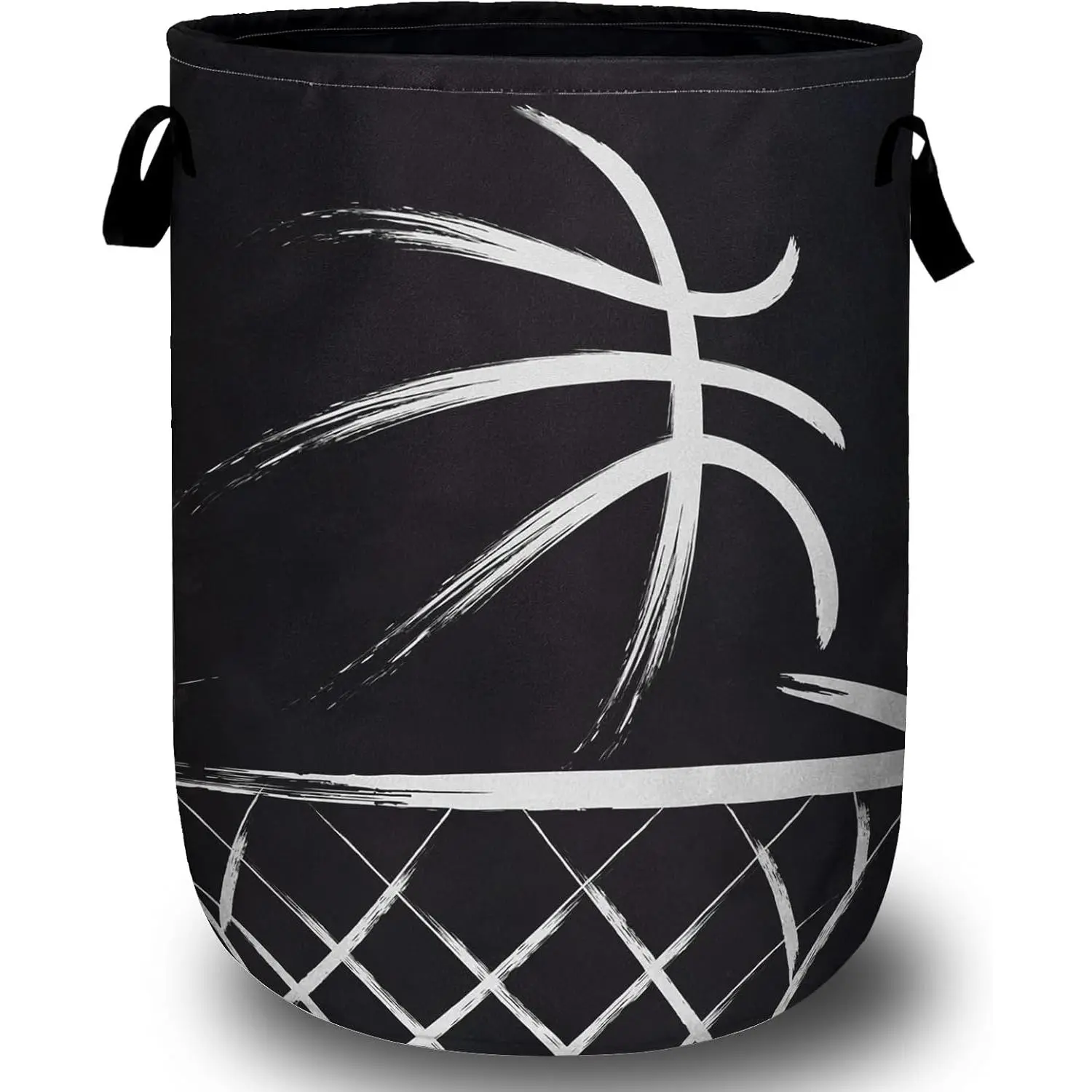 Black Basketball Laundry Basket, Foldable Sport Ball Theme Laundry Hamper Tote Bag Dirty Clothes Storage Bucket Organizer for Bathroom/Laundry/Bedroom 15.7"x19.6"