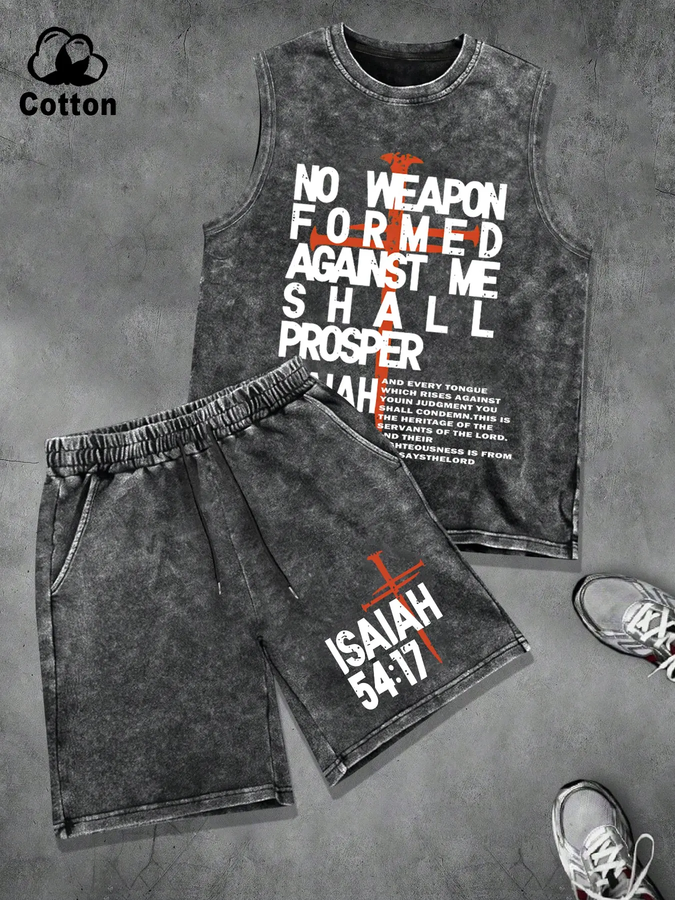 Men's Casual 2-Piece Set, Cross Scripture Print, Cotton Fabric, Elastic Drawstring, Home, Walking, Streetwear, High-Street Style