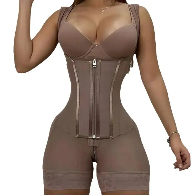 Plus size mesh high-intensity waist trainer bodysuit - enhanced version with zipper and open crotch