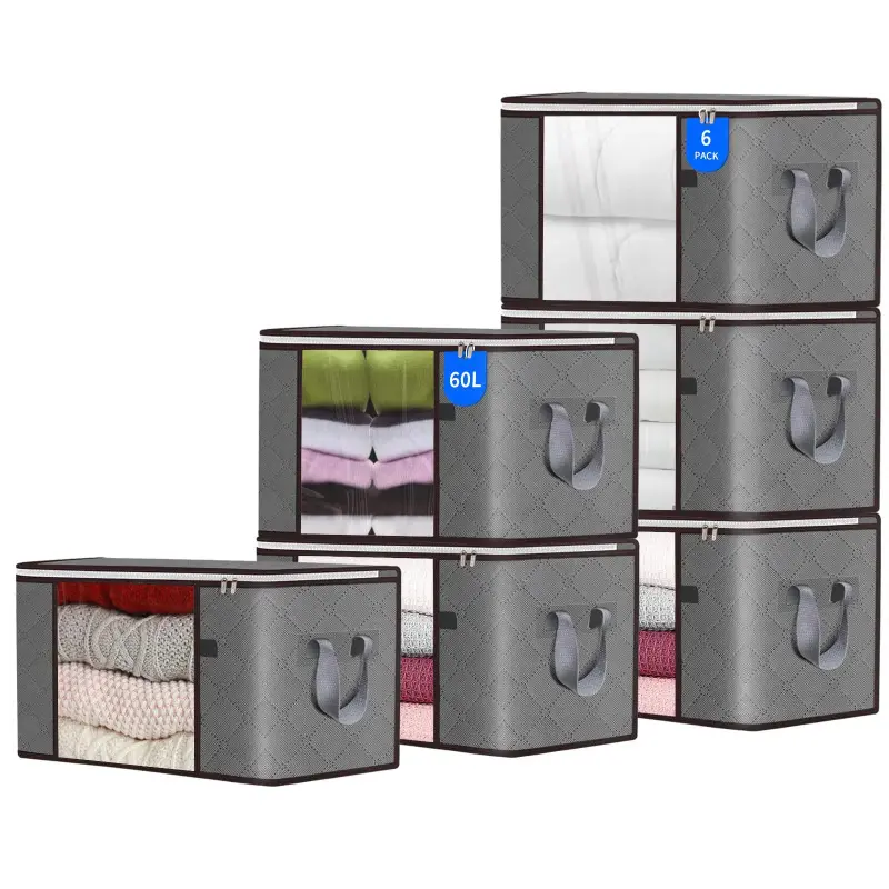 60L 90LStorage Bag, 6 Pack Foldable Blanket Storage Bins, Large Clothes Storage Bins with Lids and Handle Storage Containers for Organizing Bedroom, Closet, Clothing and Comforter