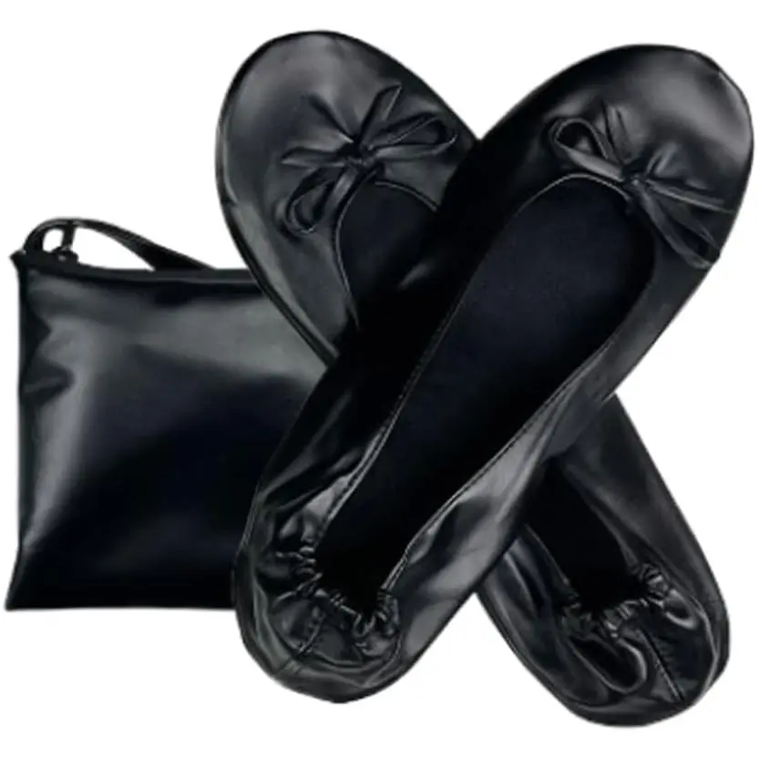 Women's Foldable Ballet Flats PU Leather Bow Design Pointed Toe Fashion Versatile Fit for Wedding, Office, Travel.