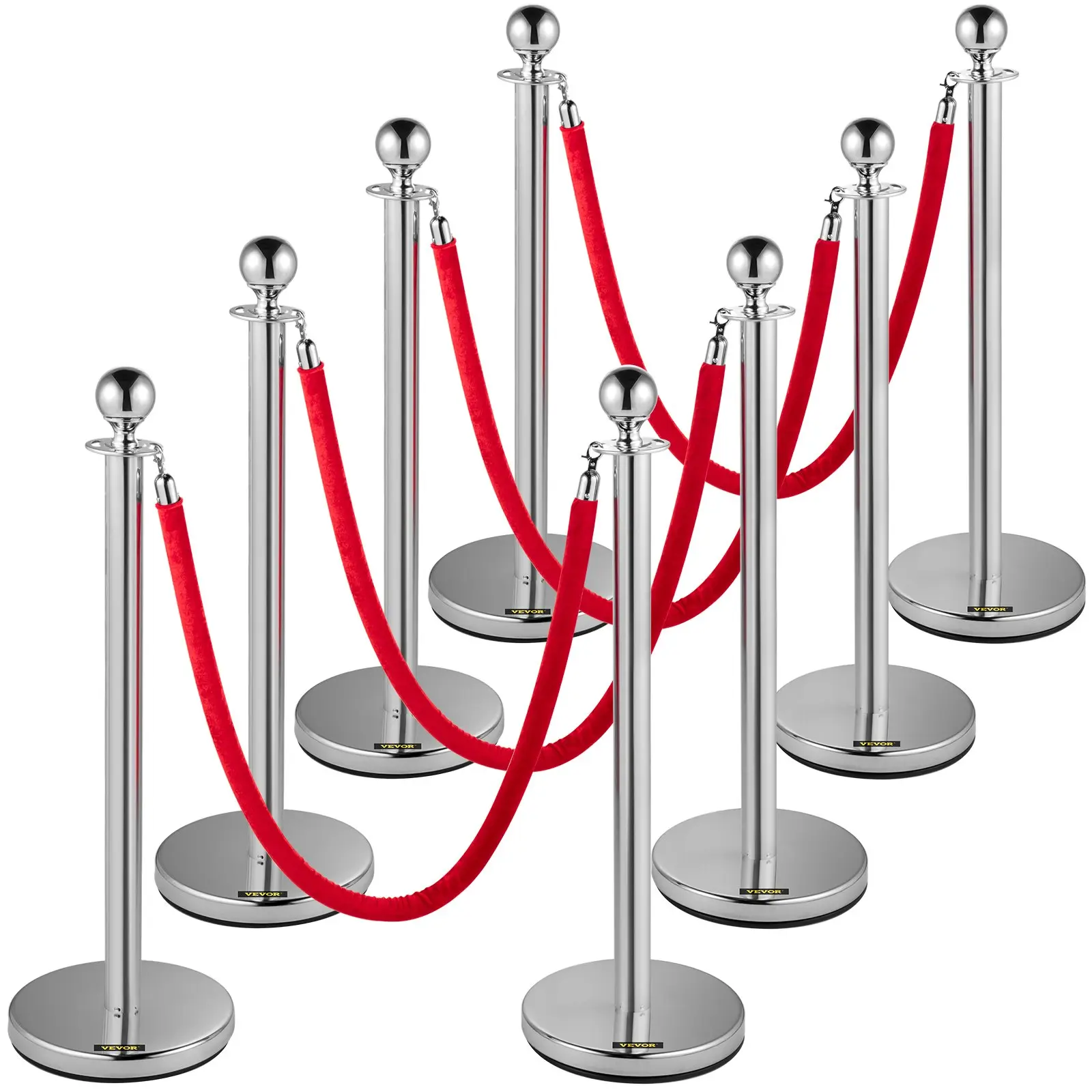 VEVOR Crowd Control Stanchion, Set of 8 Pieces Silver Stanchion Set, Stanchion Set with 5 ft/1.5 m Red Velvet Rope, Crowd Control Barrier with Sturdy Concrete and Metal Base
