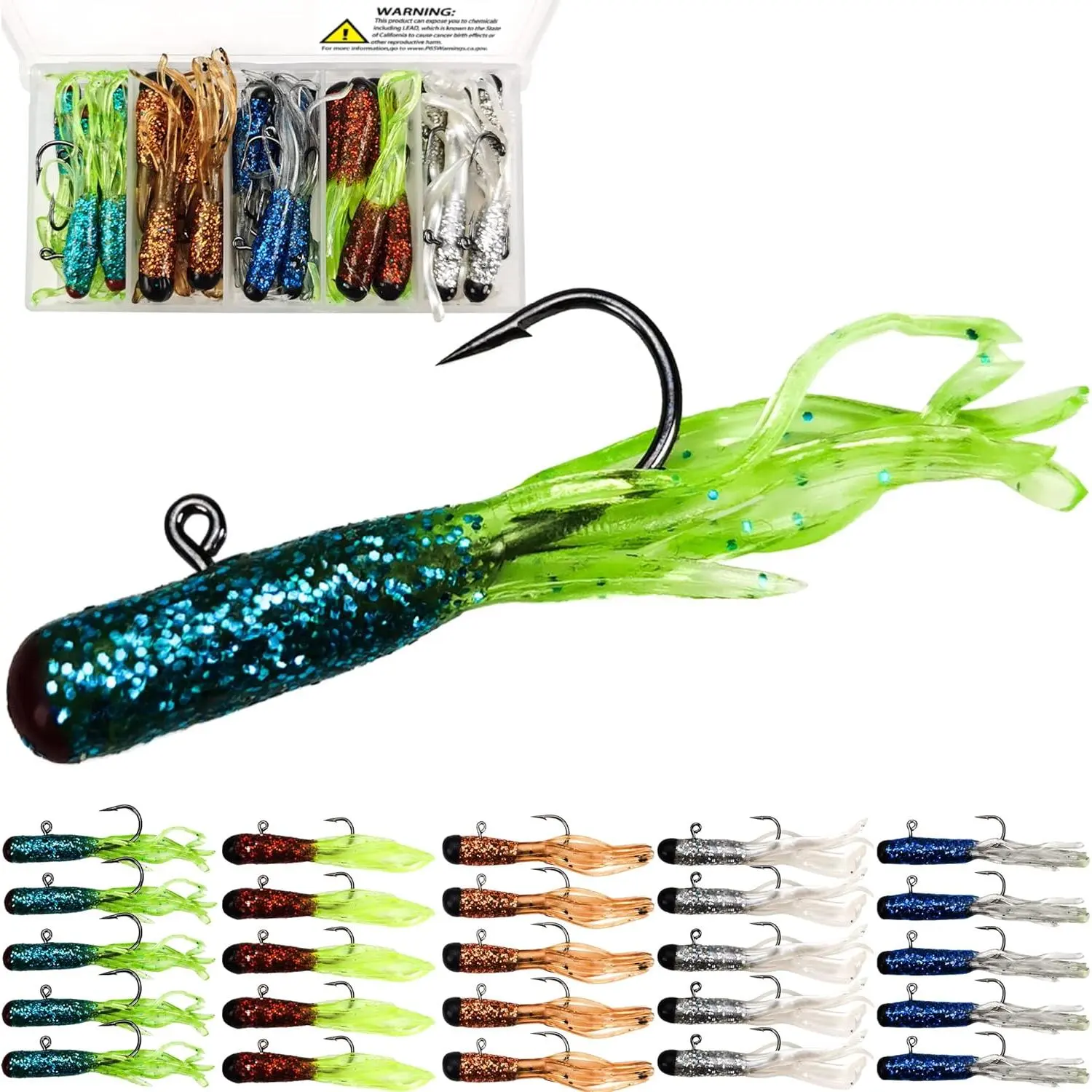 Crappie Lures Tube Lures Jigs Heads Worms Swimbaits Kit, 165, 124, 50 count Pre-Rigged Crappie Jigs Tube Hooks Soft Plastic Grub Worms Baits for Bass Trout Freshwater Saltwater Fishing
