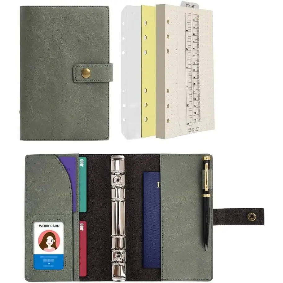 Leather Journal Dotted Paper Refillable Writing Binder Notebook - Leather Spiral Diary with Inner Organizer Pockets for Man and Woman (Green, A6)